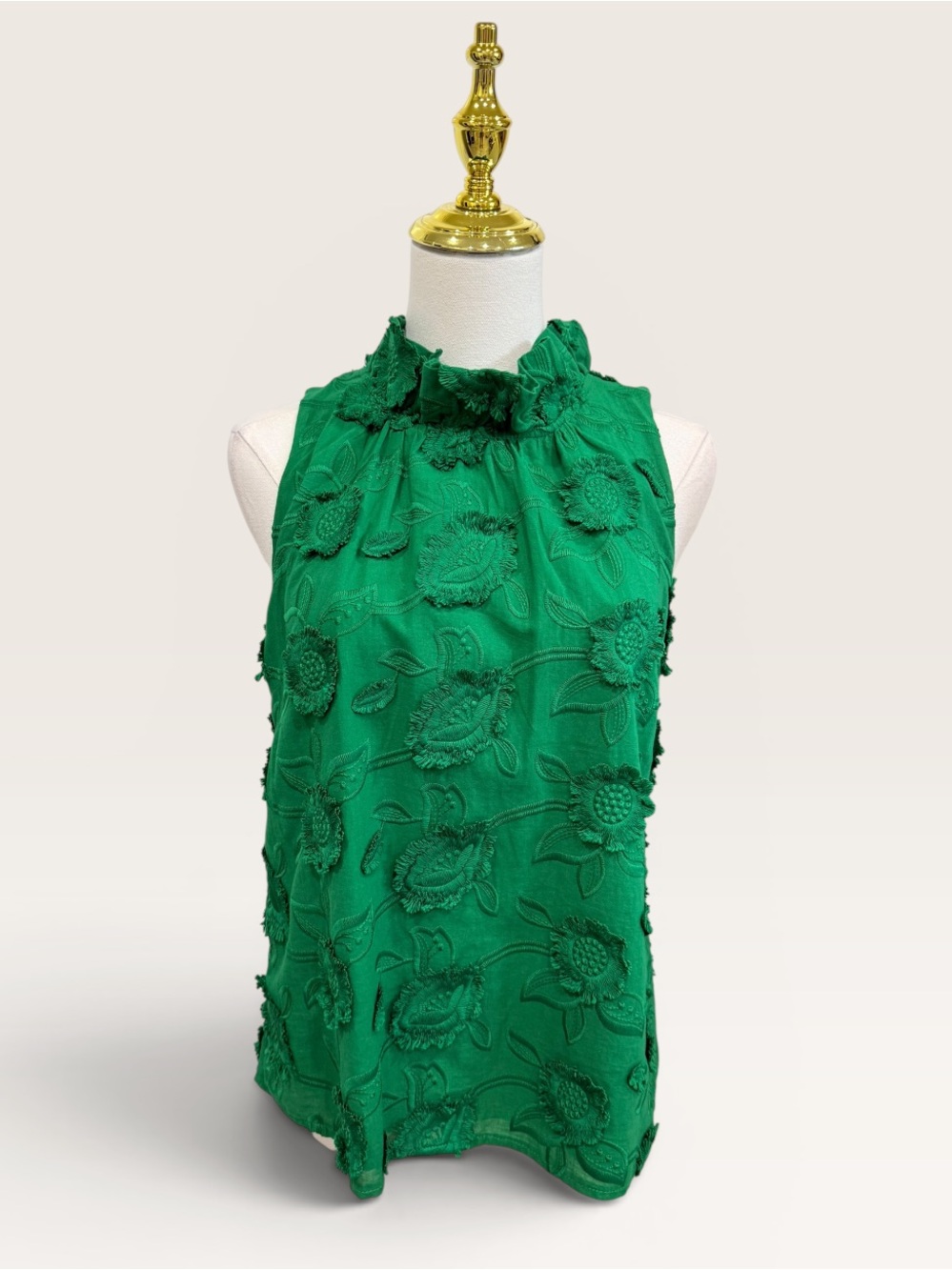 Abbey Glass Barbara 3D Floral Eyelash Sleeveless Cotton Mock Neck Top Green SML